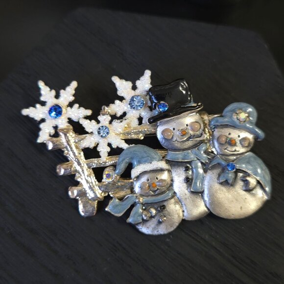 KC Brooch Silver Tone Blue Rhinestone Snowman Snowflake Winter Holiday Christmas - Picture 7 of 12